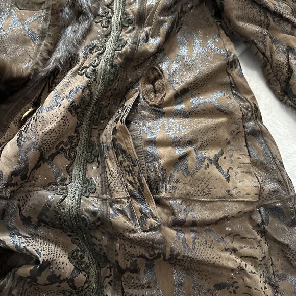 Vintage Talenti Italy Shearling Coat Brown Embossed Leather Fur Trim M-L - Picture 9 of 16